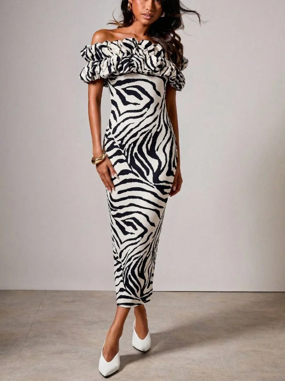 Elegant Women's Zebra Print Ruffle off shoulder design body fitted midi Dress - Picture 3 of 6